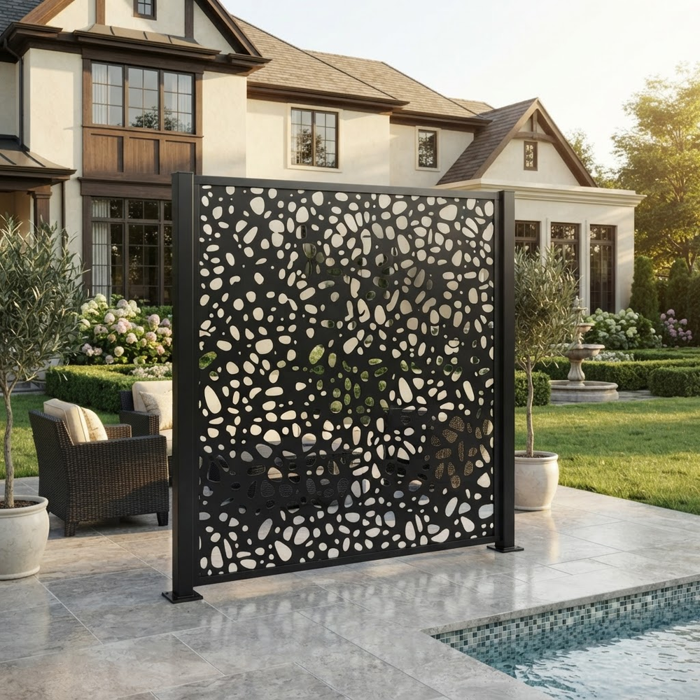 Outdoor decorative privacy wall featuring contemporary pebble cutouts