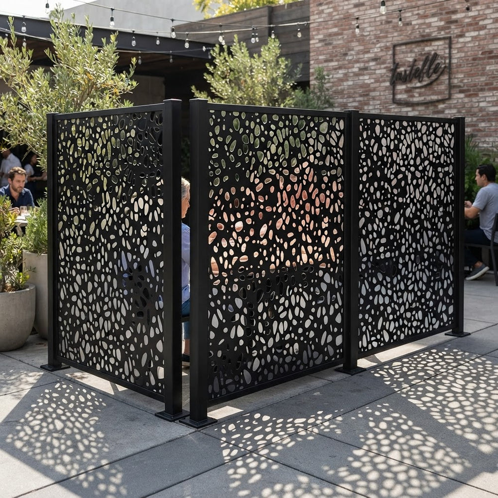 Custom metal privacy screen with abstract organic perforated design