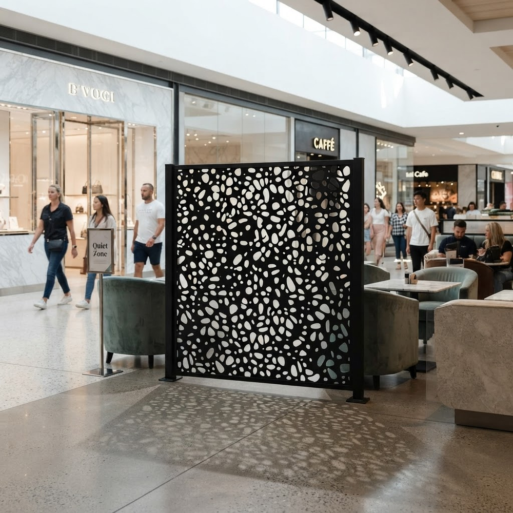 Decorative laser cut privacy panel featuring abstract pebble pattern