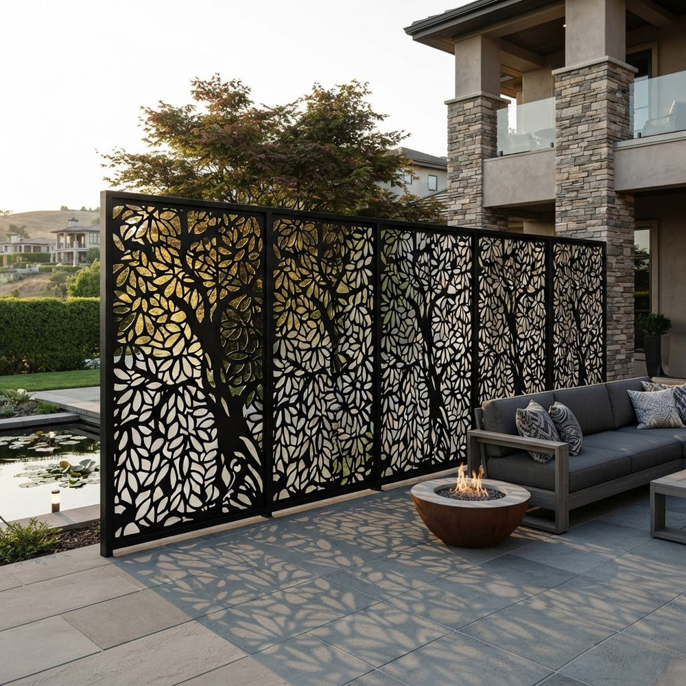 Contemporary tree silhouette metal privacy screen for outdoor spaces