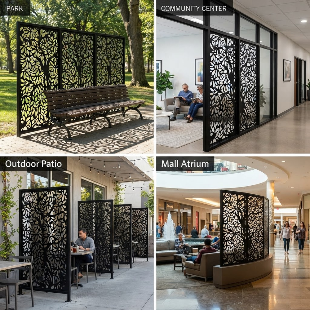 Decorative steel tree panel for patio and backyard privacy applications