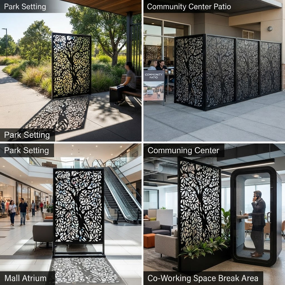 Decorative steel tree panel for patio and backyard privacy applications