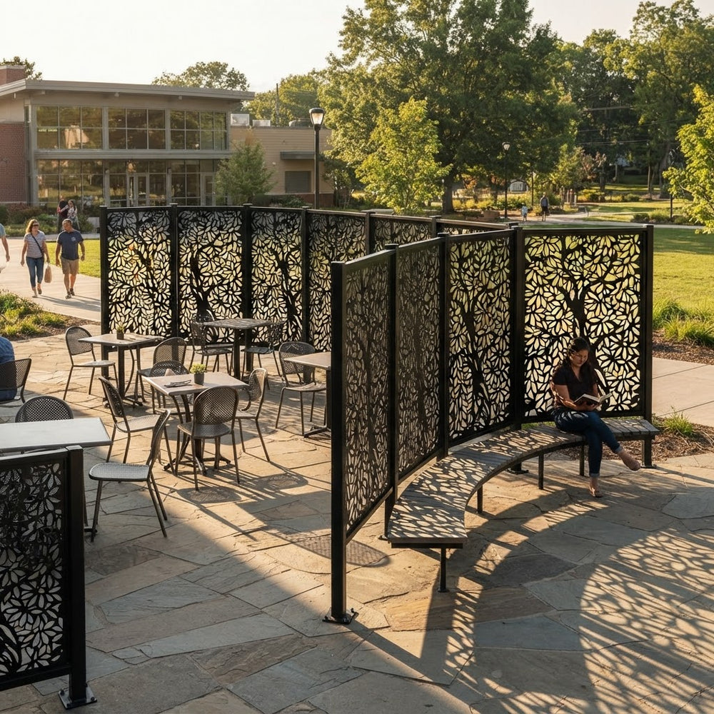 Outdoor garden privacy screen featuring detailed tree and leaf artwork