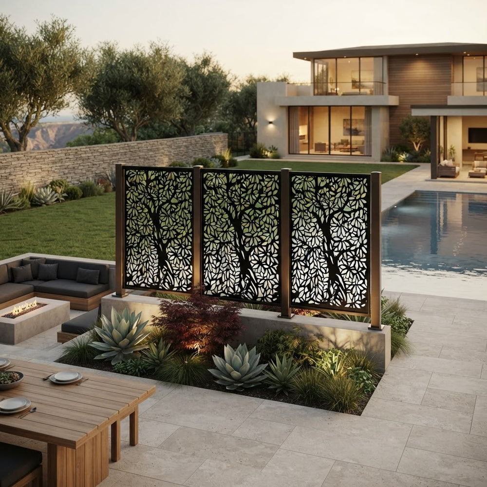 Outdoor garden privacy screen featuring detailed tree and leaf artwork