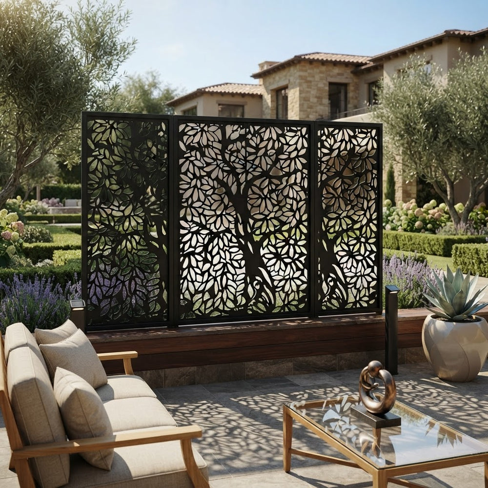 Modern landscape privacy panel with laser cut tree branches and foliage