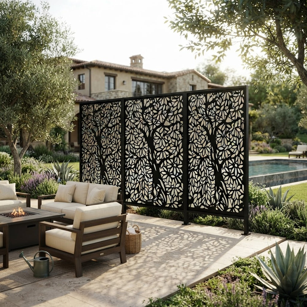 Decorative tree design metal privacy screen manufactured from Canadian steel