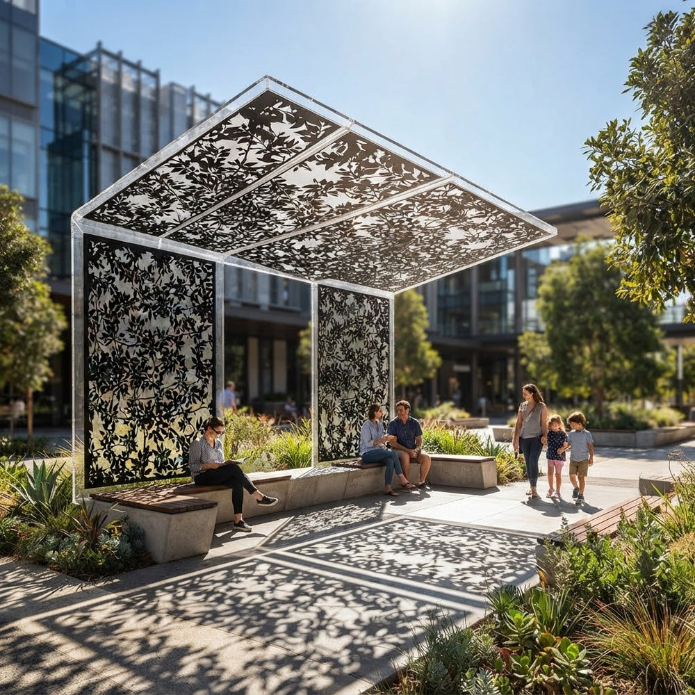 Modern metal privacy screen featuring intertwined branches and leaves