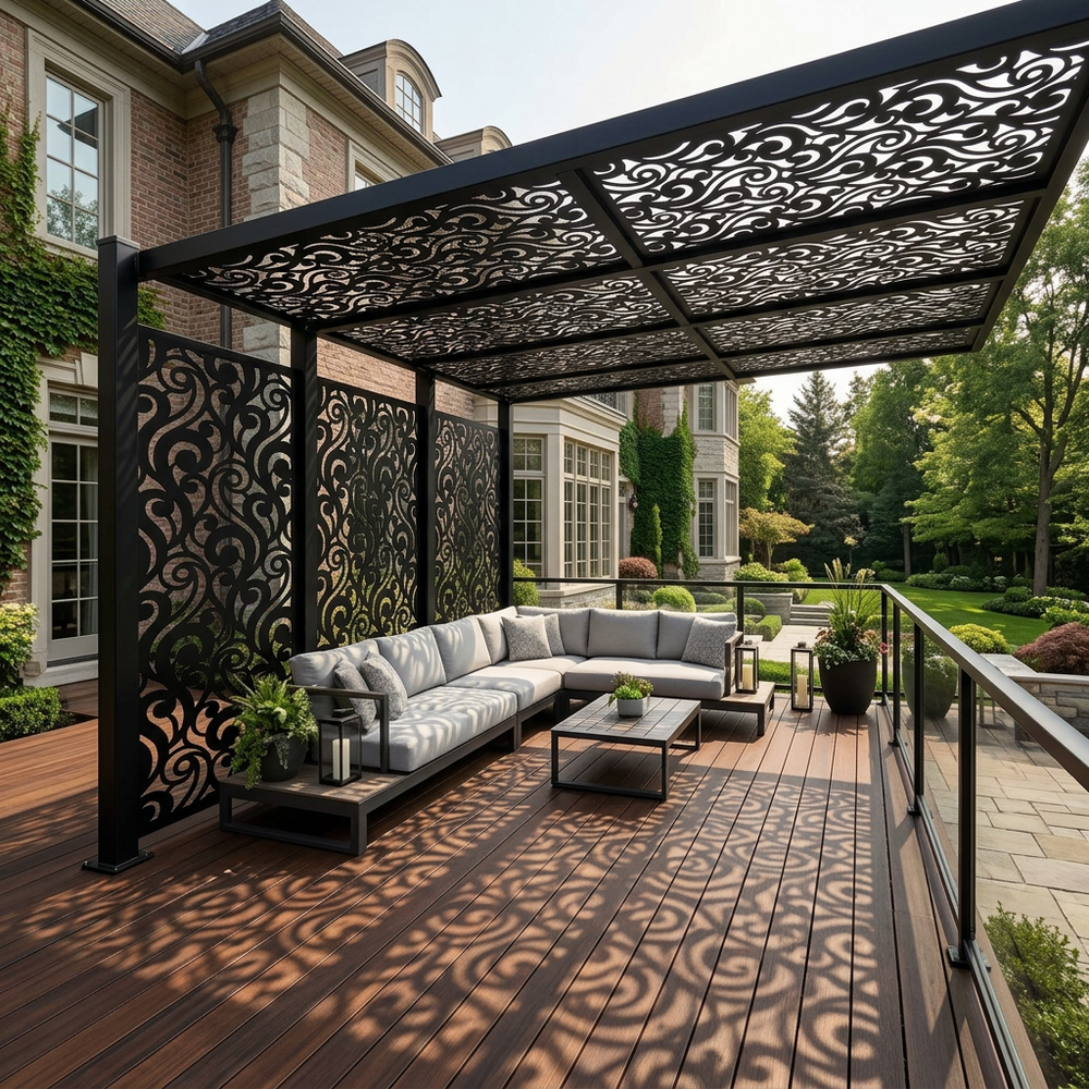 Powder coated metal privacy screen with classic ornamental scroll design