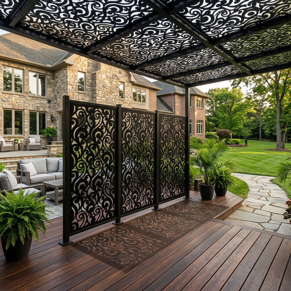Heavy duty 3 mm steel privacy panel with decorative scrollwork artwork