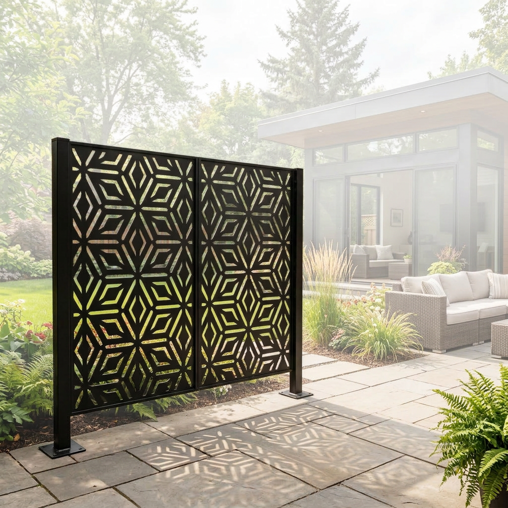 Canadian made laser cut steel privacy panel with starburst motif