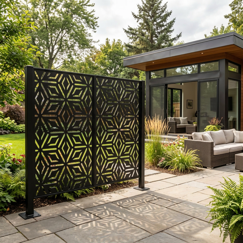 Decorative laser cut privacy panel featuring repeating starburst pattern