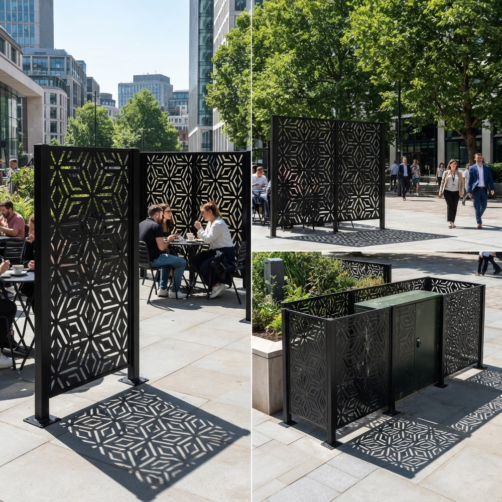 Custom powder coated metal screen with modern repeating pattern