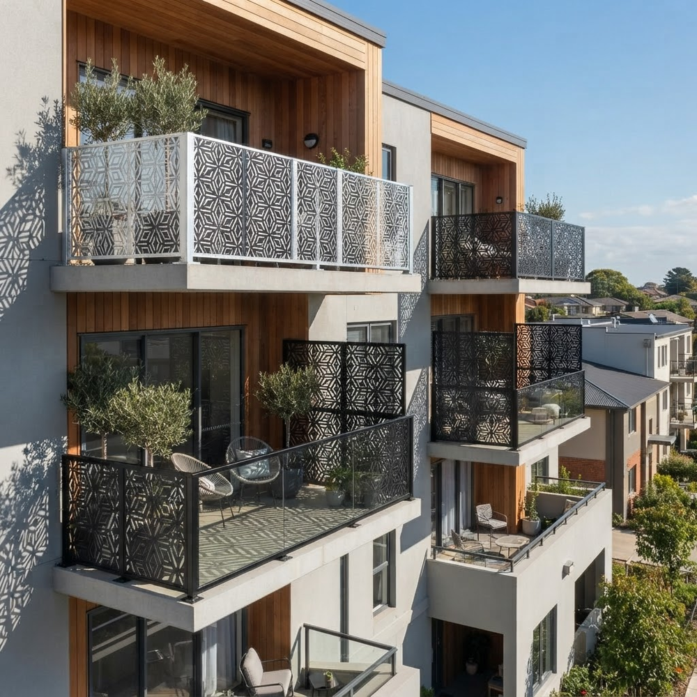 Contemporary laser cut privacy screen with symmetrical geometric design