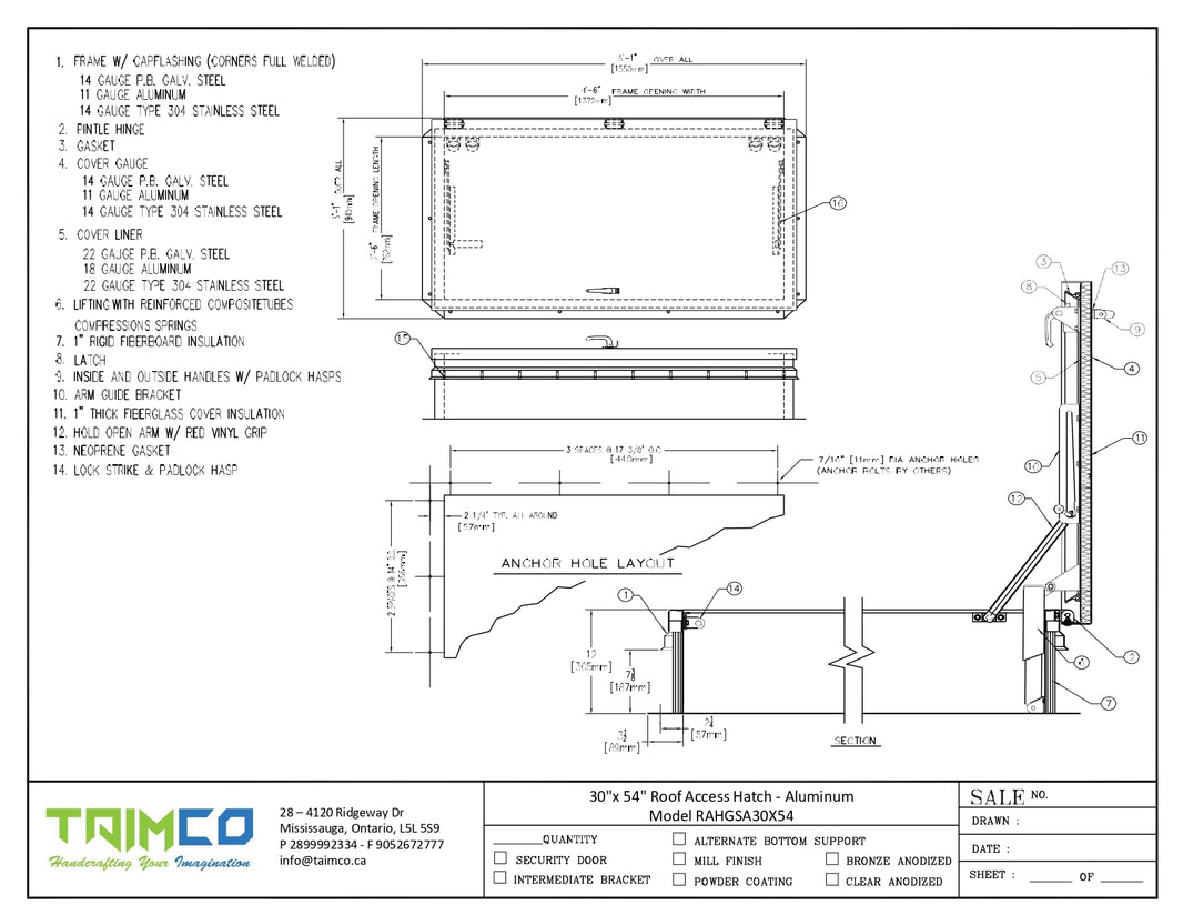 30"x 54" Roof Access Hatch - Aluminum Model RAHGSA30X54