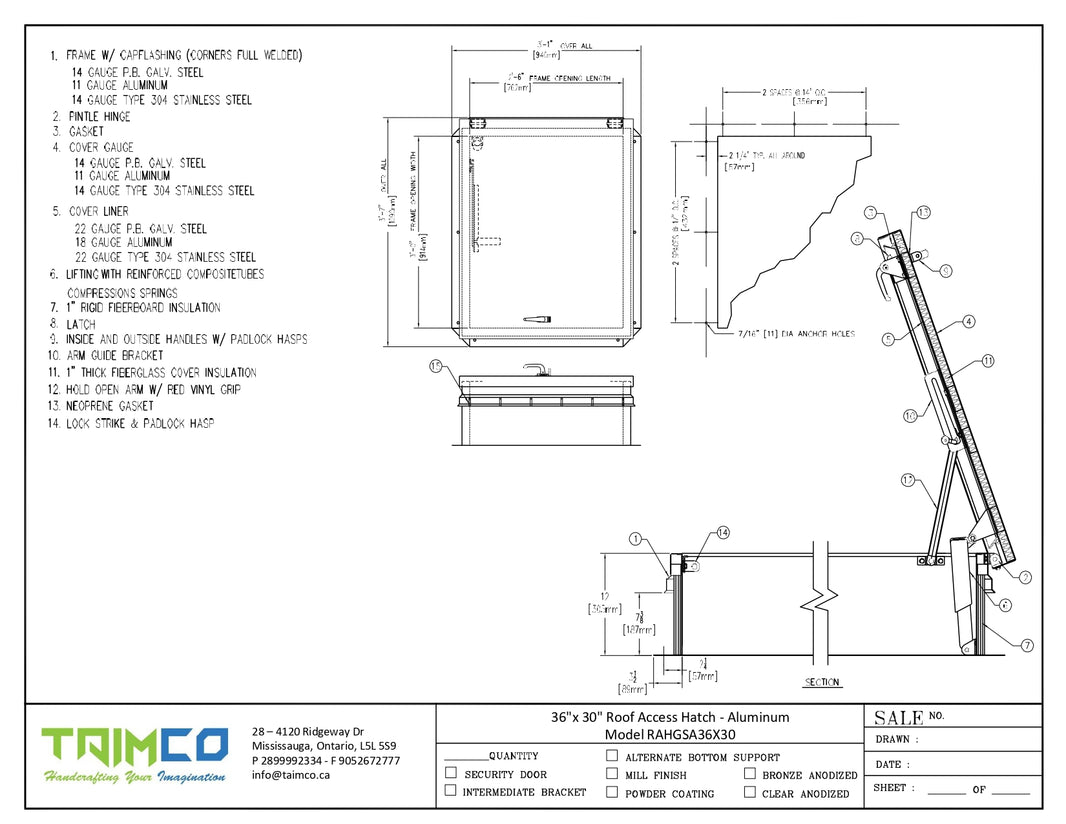 36"x 30" Roof Access Hatch - Aluminum Model RAHGSA36X30