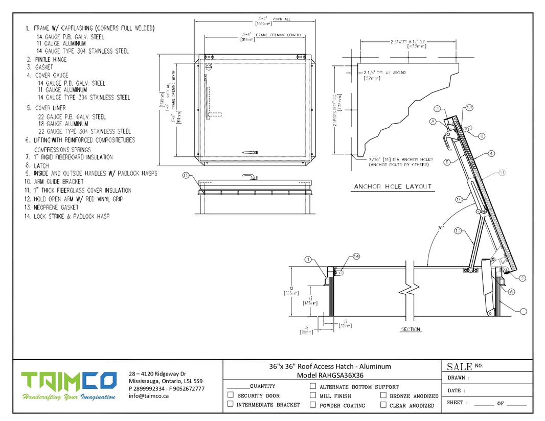 36"x 36" Roof Access Hatch - Aluminum Model RAHGSA36X36