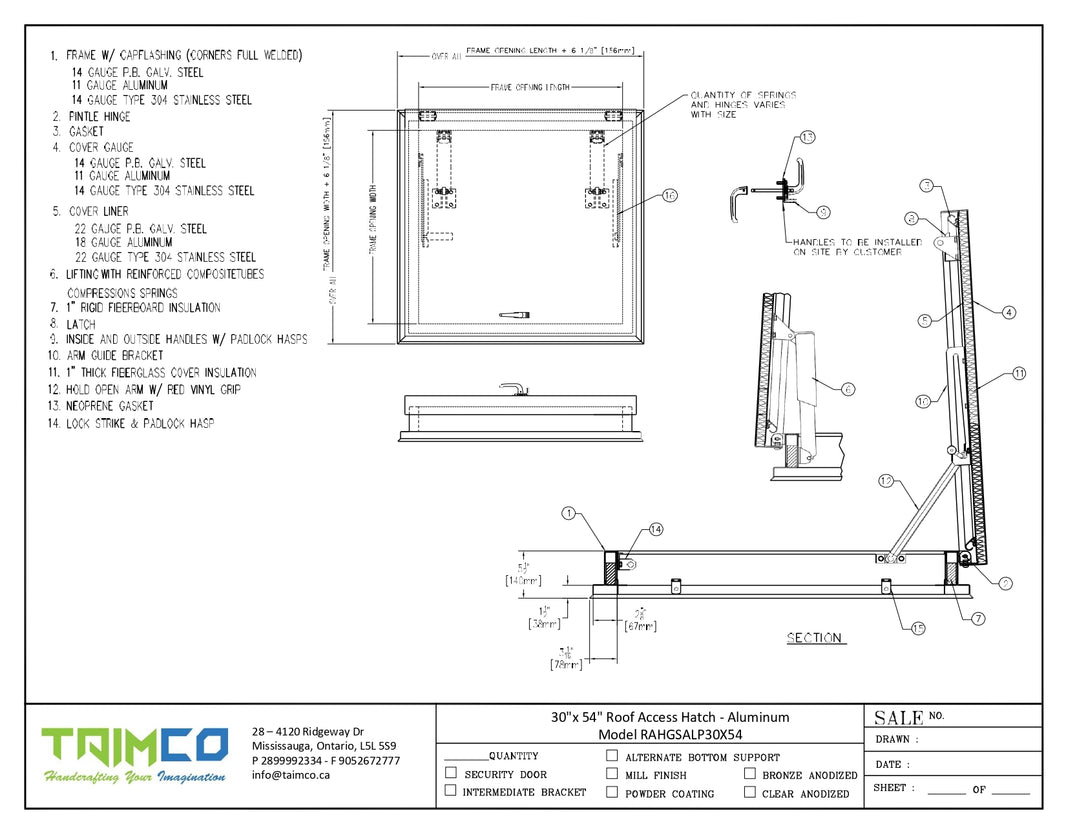 30"x 54" Roof Access Hatch - Aluminum Model RAHGSALP30X54