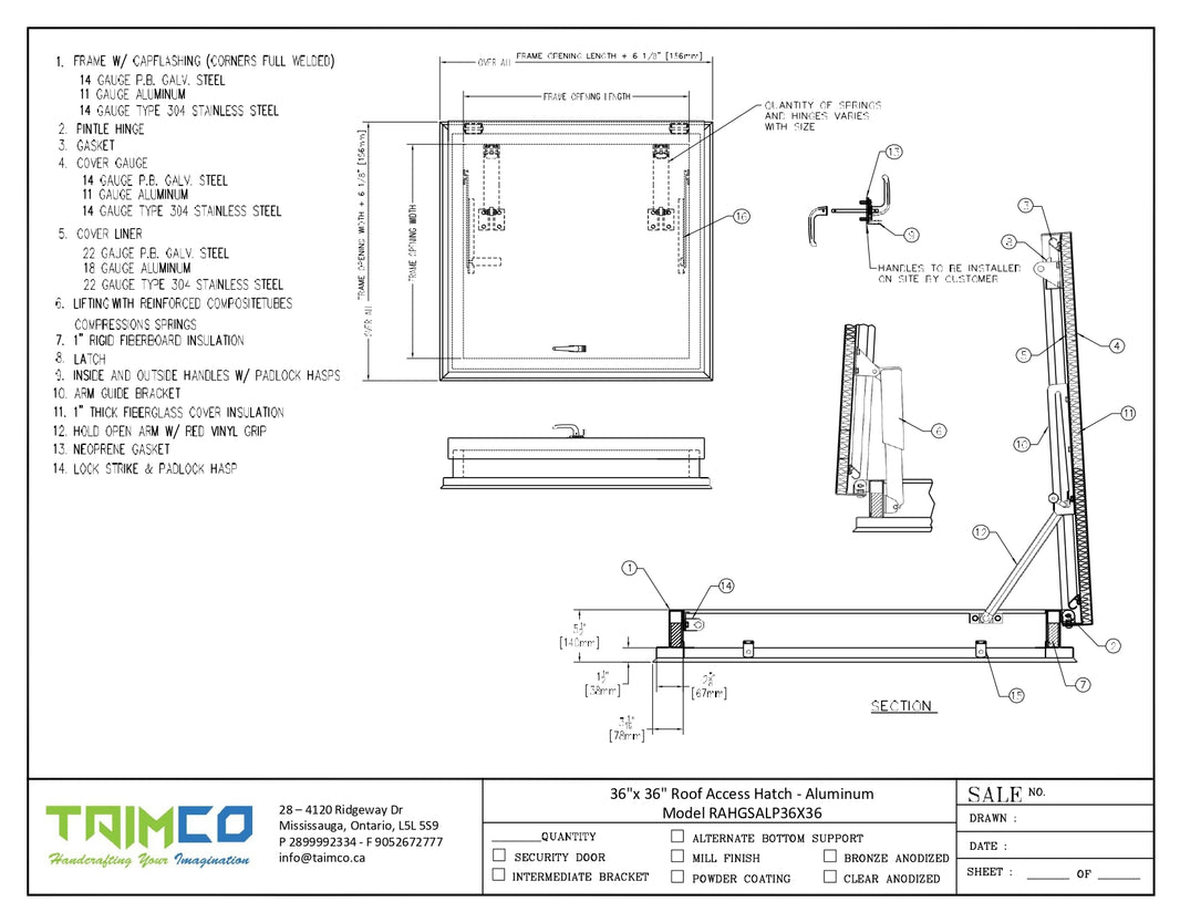 36"x 36" Roof Access Hatch - Aluminum Model RAHGSALP36X36