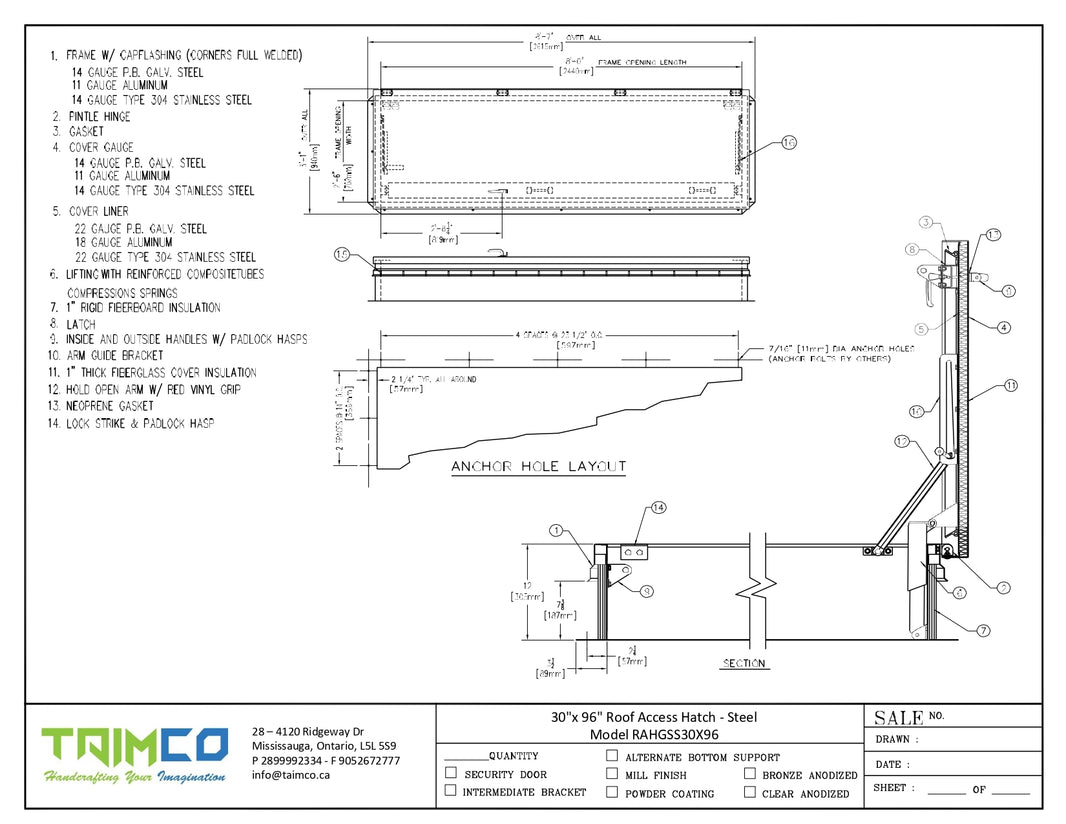 30"x 96" Roof Access Hatch - Steel Model RAHGSS30X96