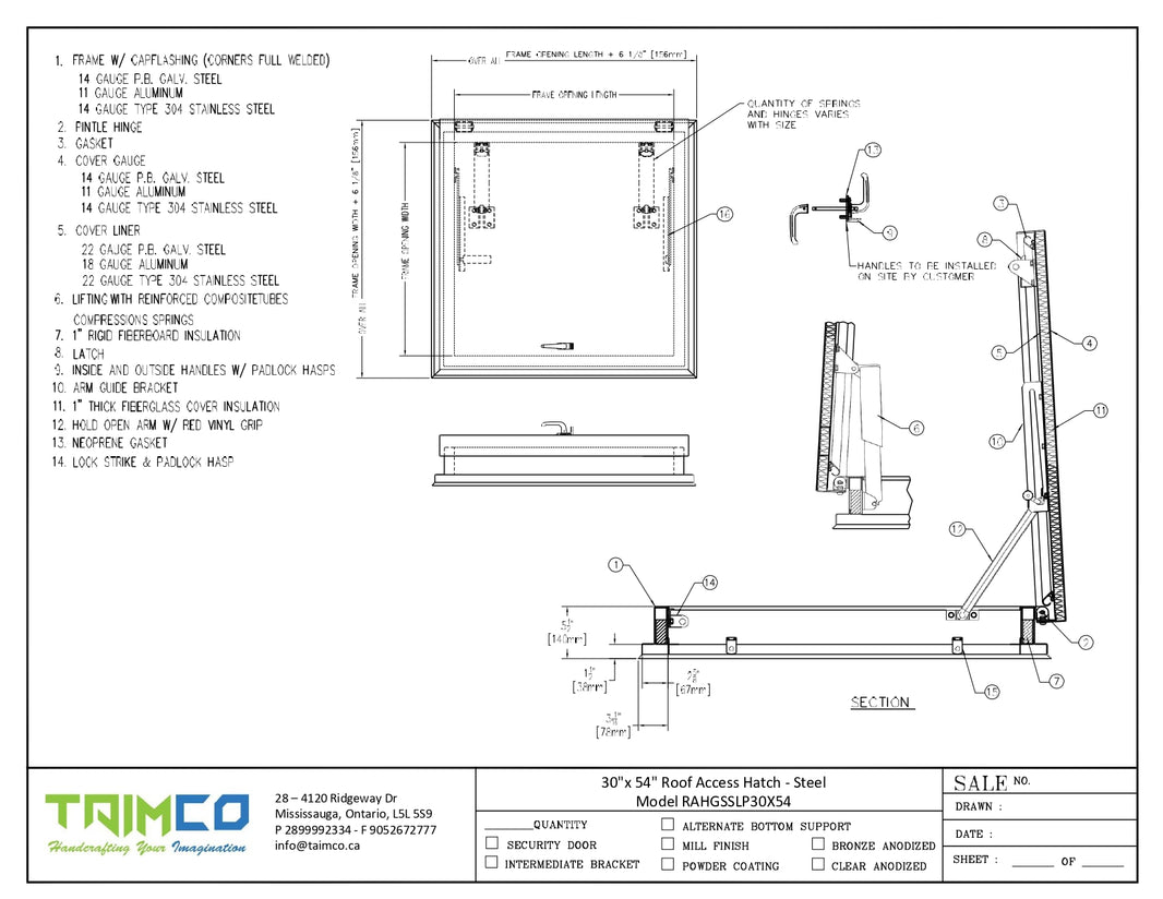 30"x 54" Roof Access Hatch - Steel Model RAHGSSLP30X54