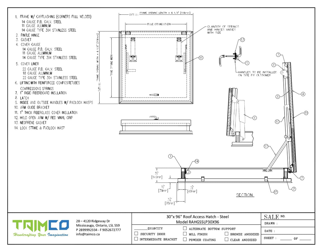 30"x 96" Roof Access Hatch - Steel Model RAHGSSLP30X96