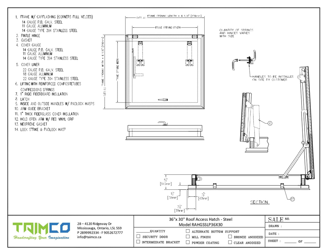 36"x 30" Roof Access Hatch - Steel Model RAHGSSLP36X30