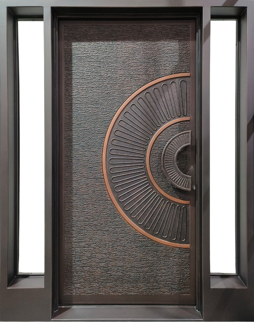 Handcrafted Steel Entry Door with Stylized Sunburst Medallion – Radial Copper Finish with Side Glass Panels Model # S3DC1091