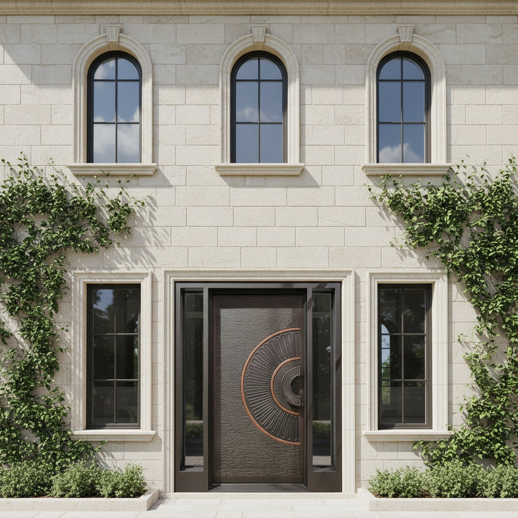 Handcrafted Steel Entry Door with Stylized Sunburst Medallion – Radial Copper Finish with Side Glass Panels Model # S3DC1091