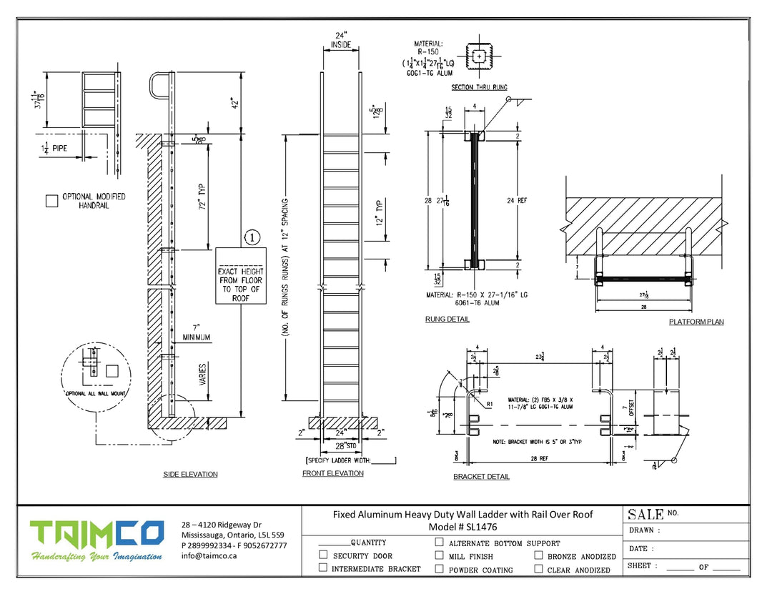 Fixed Aluminum Heavy Duty Wall Ladder with Rail Over Roof Model # SL1476