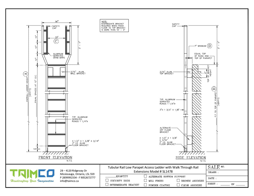Tubular Rail Low Parapet Access Metal Ladder with Walk Through Rail Extensions | Model # SL1478