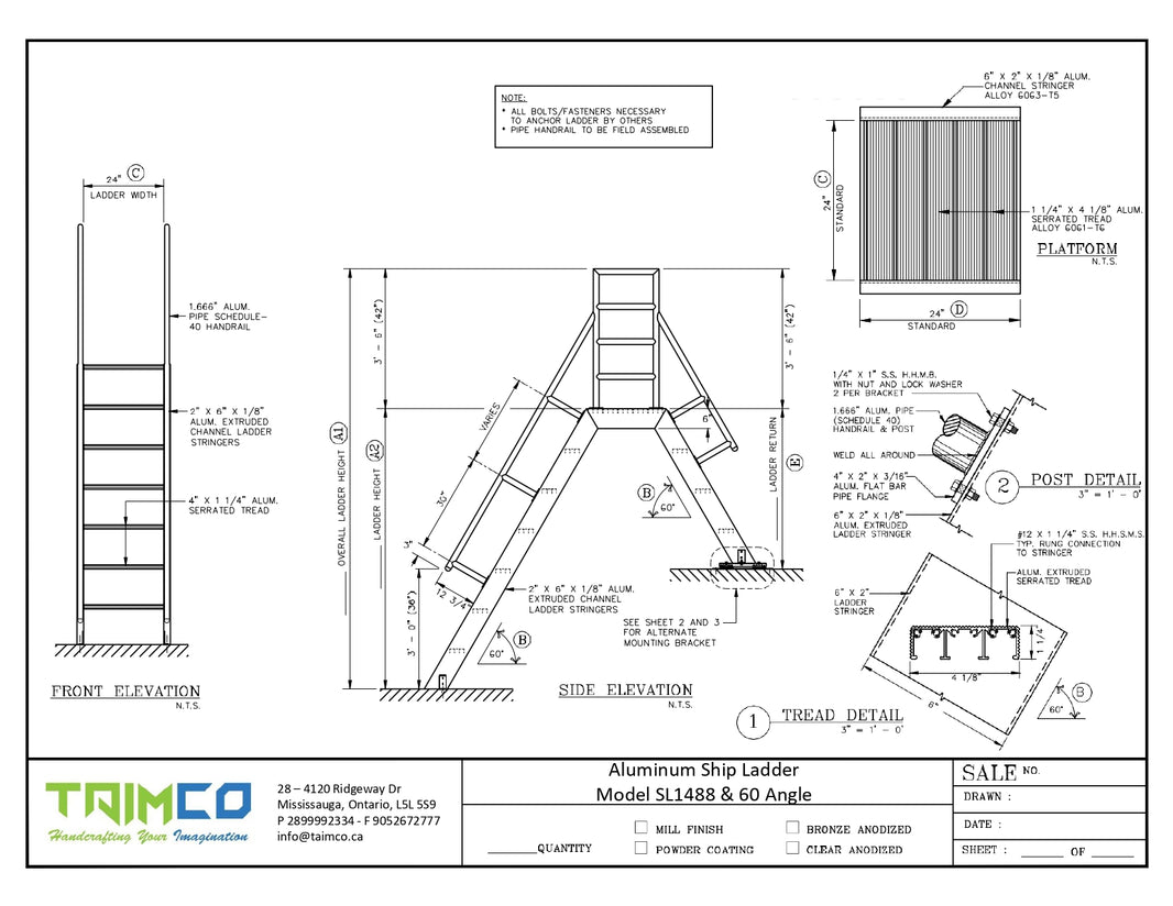 Ship Aluminum Ladders With Platform and Return 60 & 75 Standard Degrees - Model # SL1488-Taimco
