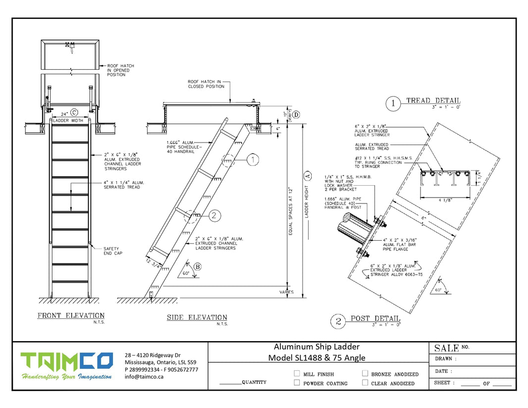 Ship Aluminum Ladders With Access to Roof Hatch 60 & 75 Standard Degrees - Model # SL1489-Taimco