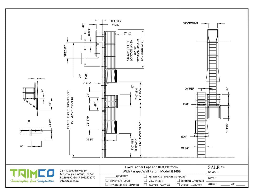 Fixed Ladder Cage and Rest Platform  With Parapet Wall Return Model SL1499