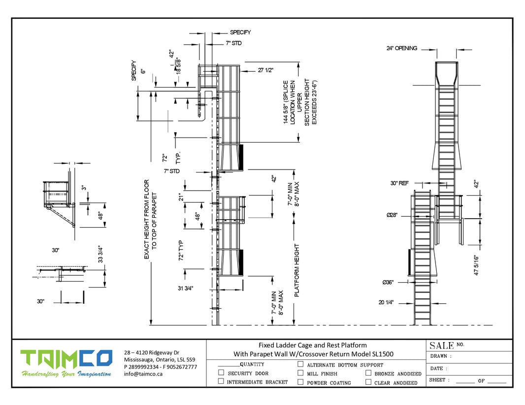 Fixed Ladder Cage and Rest Platform  With Parapet Wall W/Crossover Return Model SL1500