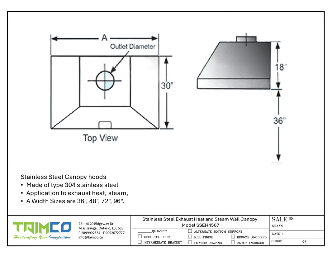 Stainless Steel Exhaust Heat and Steam Wall Canopy Model SSEH4567