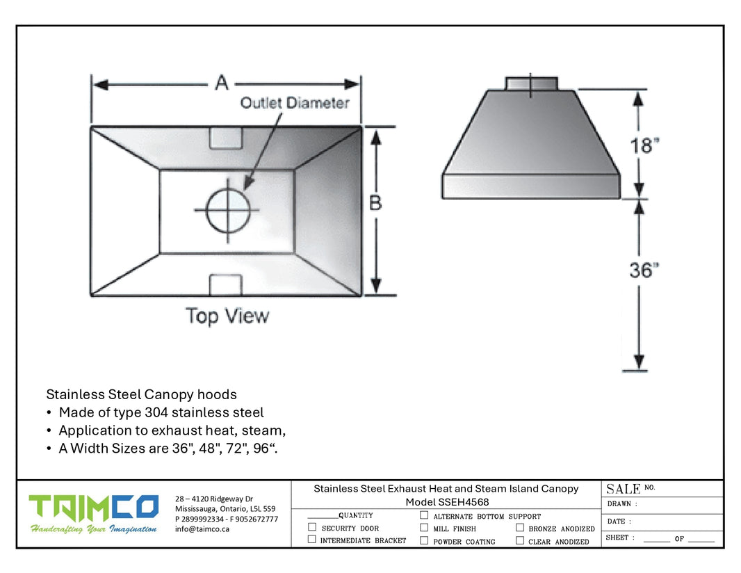 Stainless Steel Exhaust Heat and Steam Island Canopy Model SSEH4568