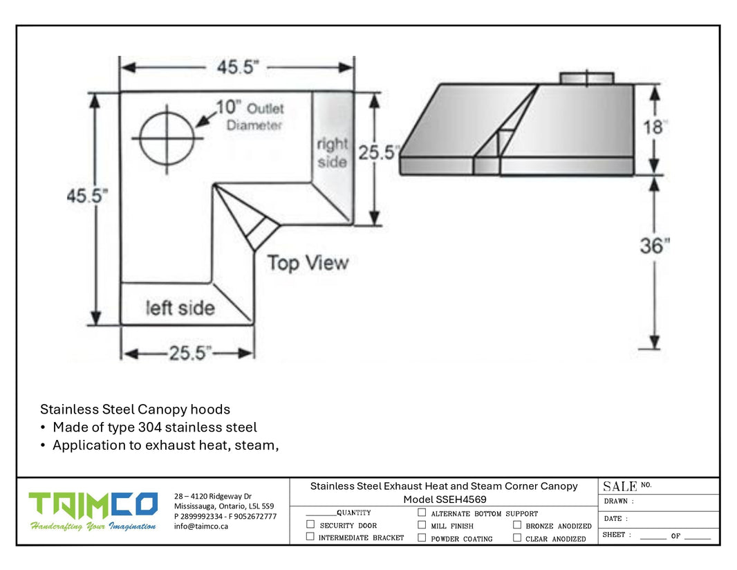 Stainless Steel Exhaust Heat and Steam Corner Canopy Model SSEH4569