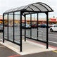 Heavy‑gauge black steel frame and welded joints on TAIMCO shopping cart shelter for commercial durability.