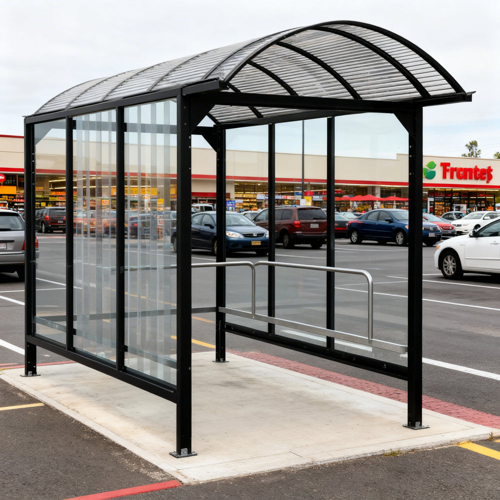 Heavy‑gauge black steel frame and welded joints on TAIMCO shopping cart shelter for commercial durability.
