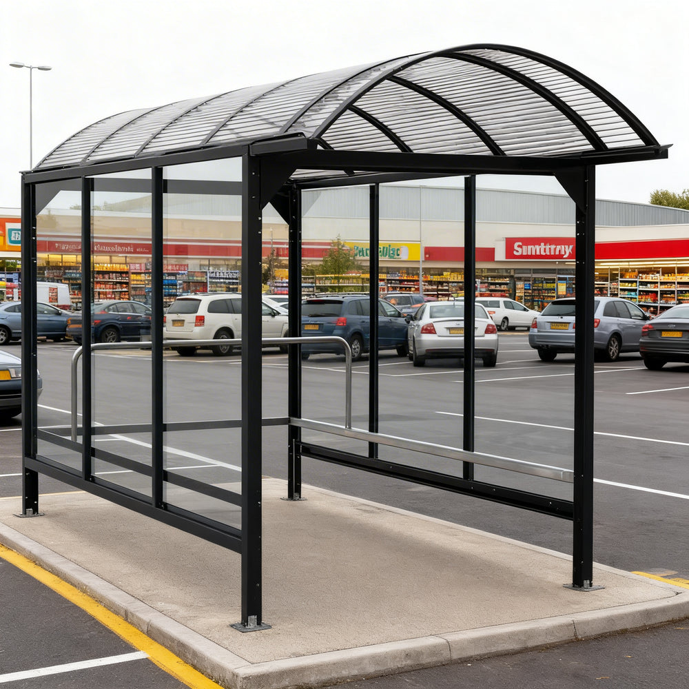 Transparent polycarbonate side panel on TAIMCO shopping cart shelter offering visibility and weather resistance.