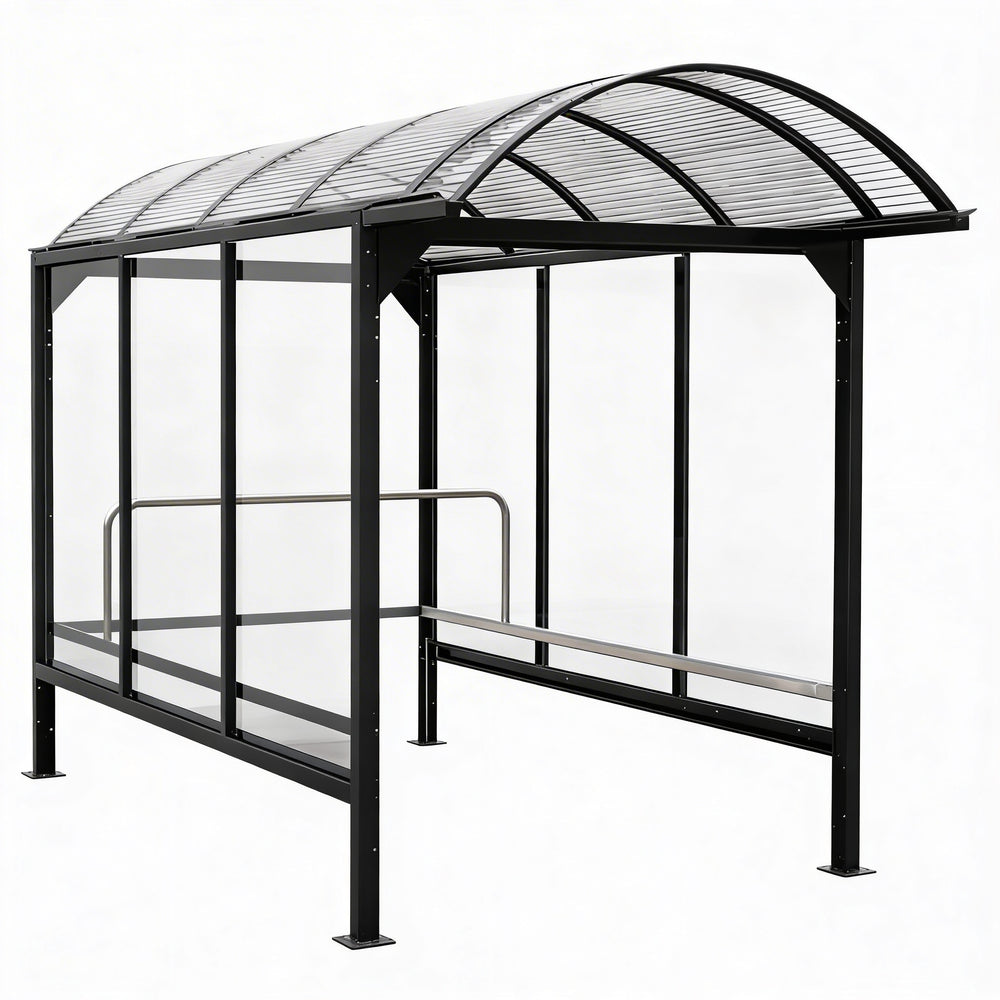 Drum‑style shopping cart shelter with curved polycarbonate roof and black steel frame by TAIMCO.