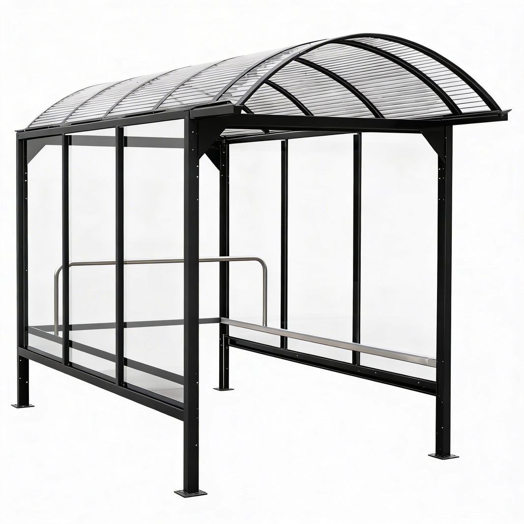Drum‑style shopping cart shelter with curved polycarbonate roof and black steel frame by TAIMCO.