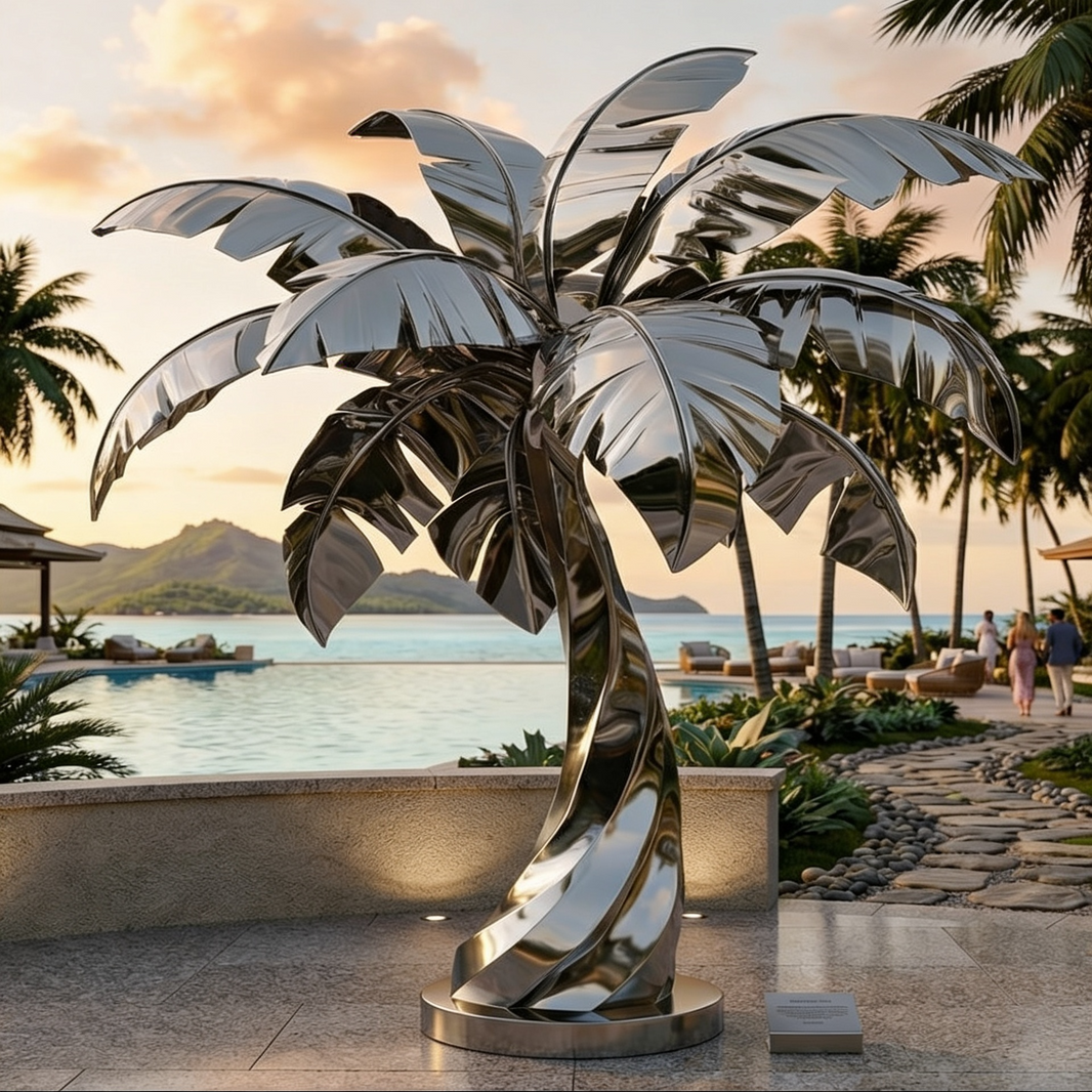 Polished Metal Palm Tree Sculpture with Twisted Trunk & Stylized Reflective Leaves – TAIMCO Model # SSS1229