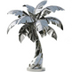 Polished metal sculpture of a palm tree with a twisted trunk and reflective stylized leaves.
