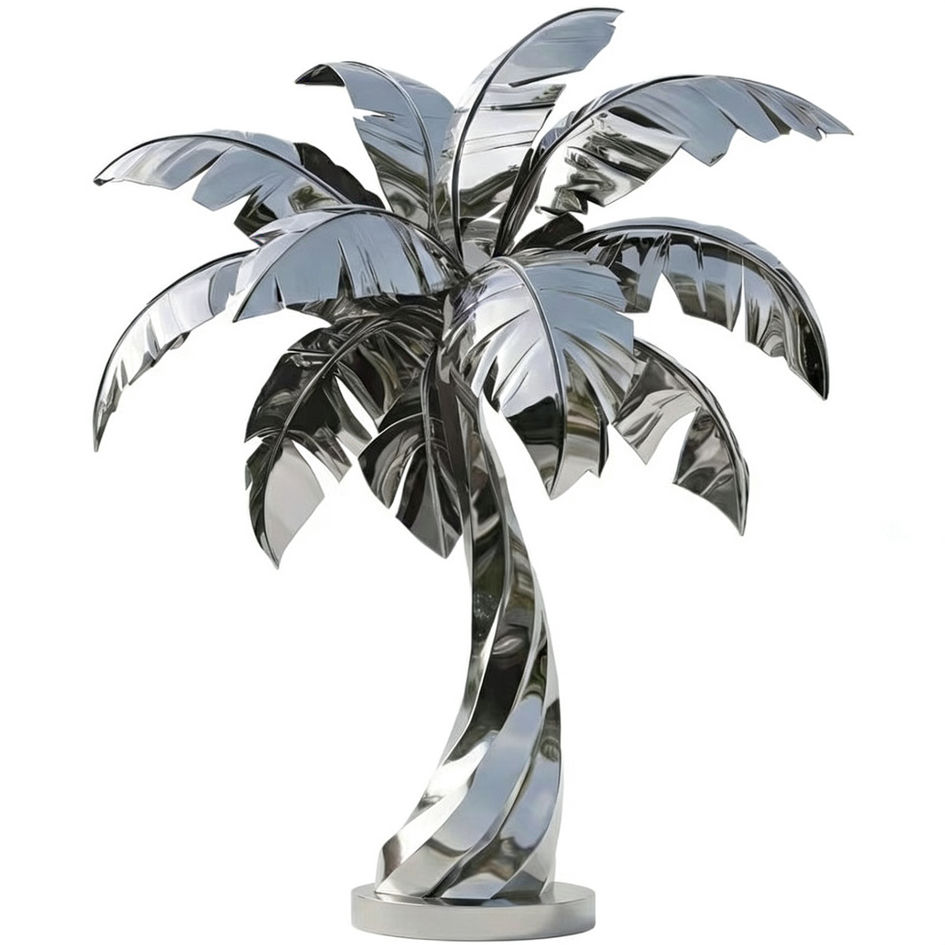 Polished metal sculpture of a palm tree with a twisted trunk and reflective stylized leaves.