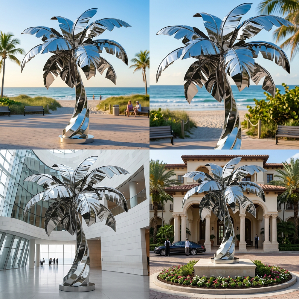 Highly polished metal palm tree artwork with stylized broad leaves and a circular base.