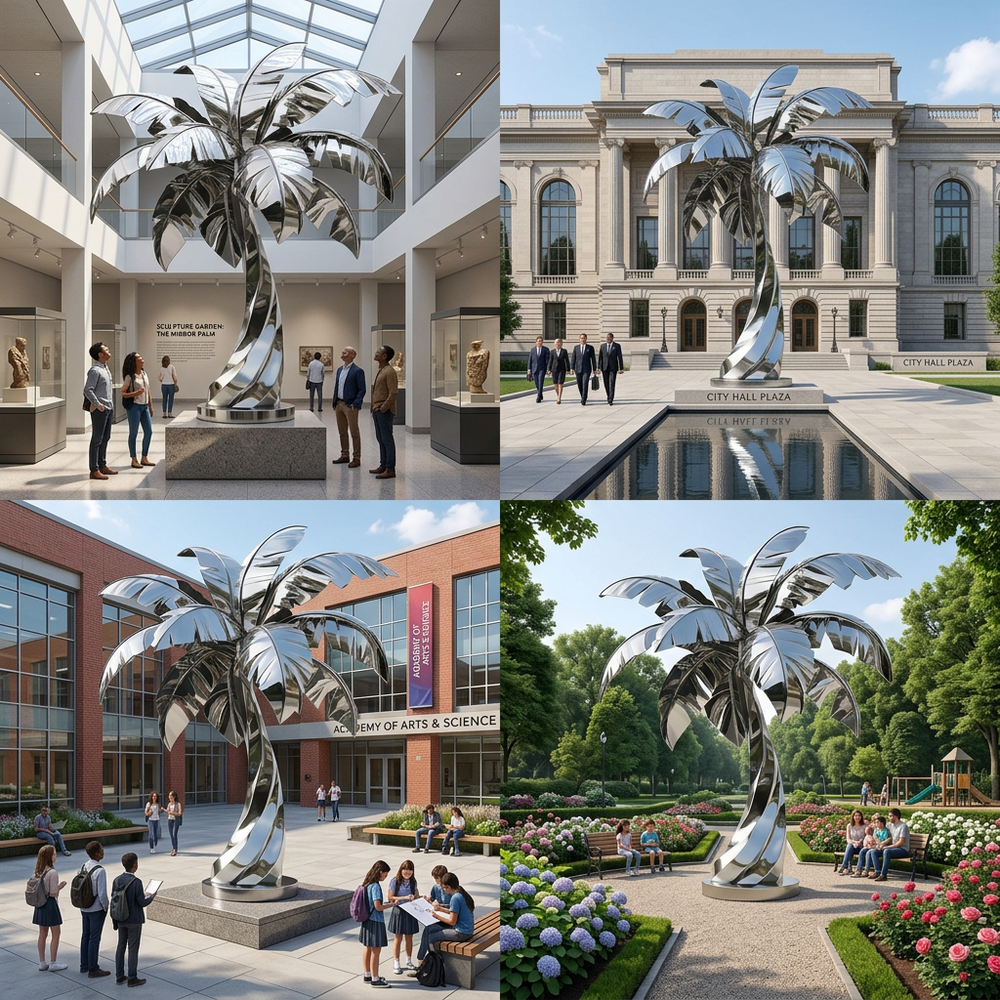 Contemporary polished metal sculpture depicting a stylized palm tree on a circular base