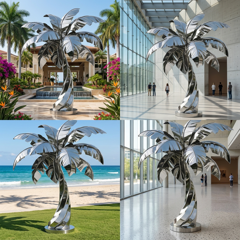 Outdoor polished metal sculpture of a palm tree with sharp‑edged reflective leaves
