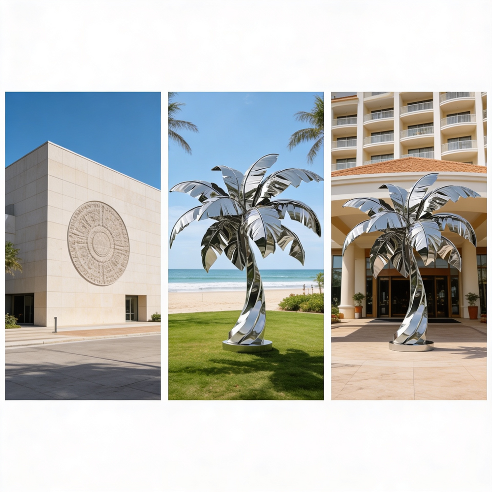 Outdoor polished metal sculpture of a palm tree with sharp‑edged reflective leaves