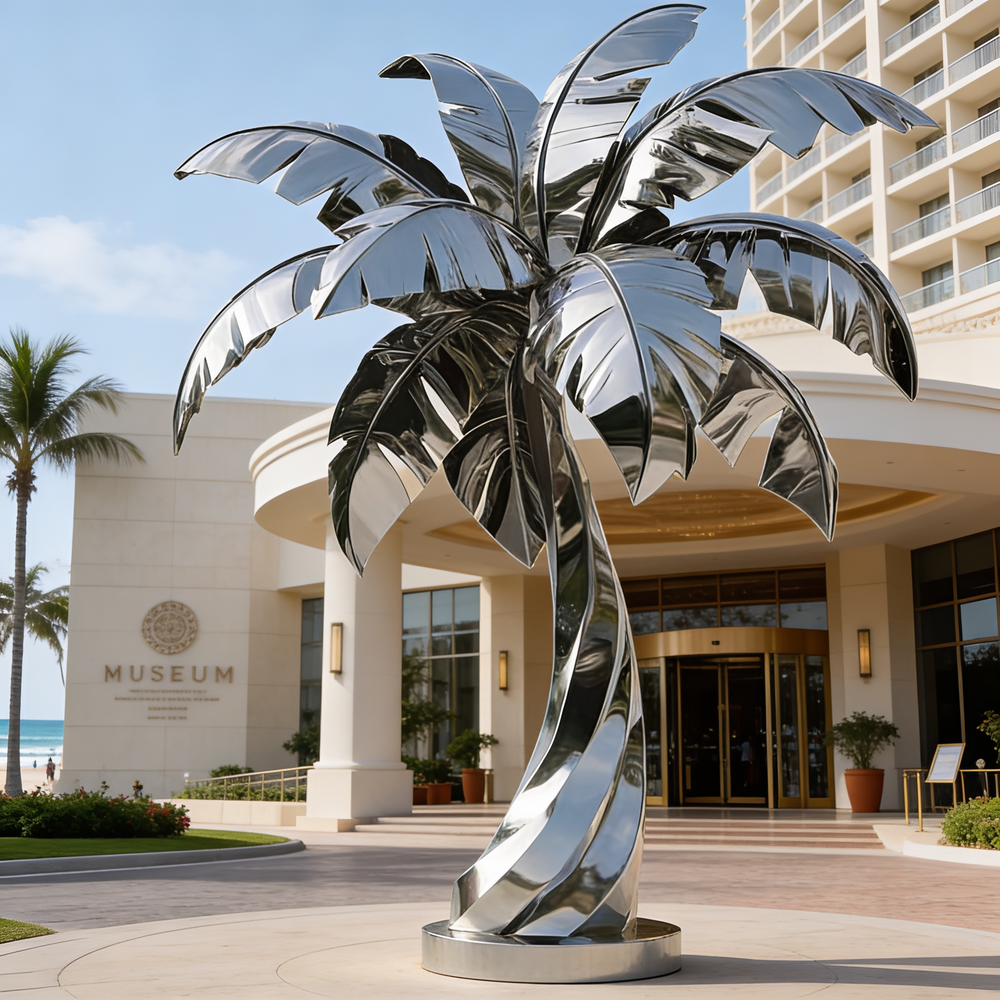 Modern reflective palm tree sculpture with a twisted trunk and smooth metallic leaf shapes